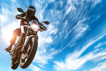 Motobike jumping with blue sky and clouds background