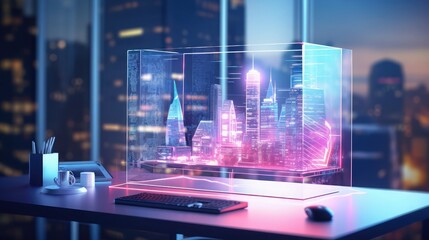Desktop computer background in office and big town buildings hologram drawing. Double exposure. Smart city concept.