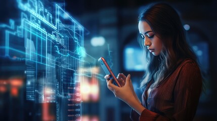 Double exposure of forex chart sketch hologram and woman holding and using a mobile device. Financial market concept