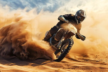 Racer on motorbike in the sandy desert with cloudy sky