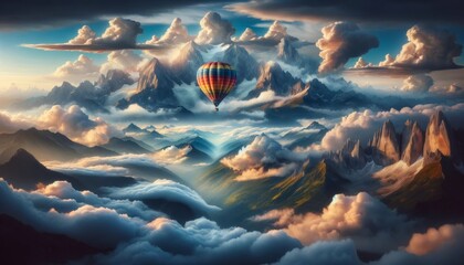 Hot Air Balloon Soaring Over Cloud-Enshrouded Peaks - obrazy, fototapety, plakaty