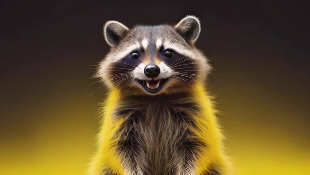 Portrait of happy raccoon on golden black background with flickering spot lights. Furry, satisfied animal moves while looking at camera.
