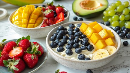 Yogurt and various fruits and ingredients for it on a marble table in the morning