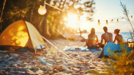 Group of happy friends spending time together camping on the beach, outdoors. Sunny day, smiling people sitting by the lake. Summertime activities with friends and family creative background. 