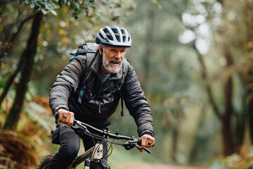 Fototapeta premium Senior man in grey jacket riding on his bike outdoor in autumn