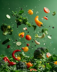 A mix of different vegetables and spices in the air on a green background