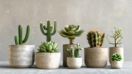 Modern minimalist home decor with a row of potted succulents. Stylish interior design elements. Trendy houseplants for cozy spaces. Serenity concept. AI