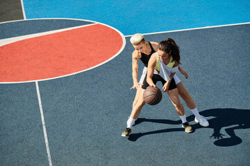 Two athletic women stand on a basketball court, celebrating their friendship and love for the game on a sunny summer day.