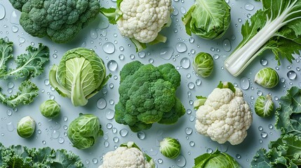Composition of different types of cabbage with water drops on a blue background, flat lay, top view