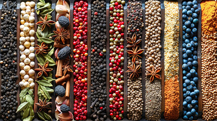 A row of spices and herbs are displayed in a wooden tray. The spices include black pepper, cumin, and parsley