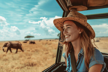 Happy woman tourist in vehicle in the savanna with elephants