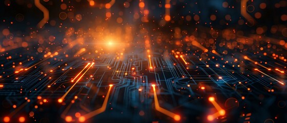 Fototapeta premium Circuit board with glowing lights, dark futuristic space exploding