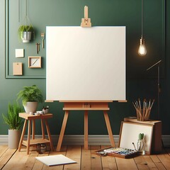 Easel with blank canvas and brush in art studio, suitable for mock up