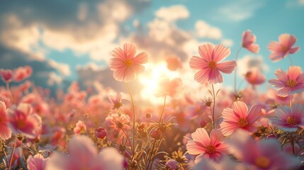 Vibrant Pink Floral Field Under Sunny Skies Generative AI - obrazy, fototapety, plakaty