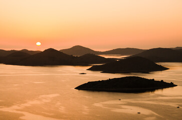 Beautiful sunset over the famous Kornati national park in Croatia, Europe, view from the top of the...