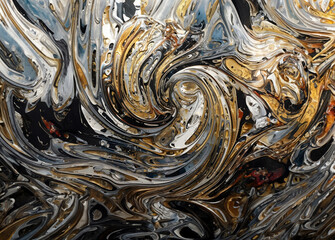 Abstract Art Fluid Painting: Swirling Patterns of Gold, Black, and White with Textured Detail