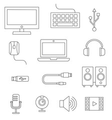 Personal computer hardware components and digital media symbols- vector outline icons set 1