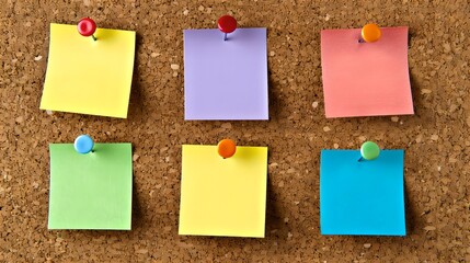 Colorful sticky notes pinned on a cork board. Organizational tools for office or study. Simple and effective way to remember tasks. Vivid reminder notes. AI
