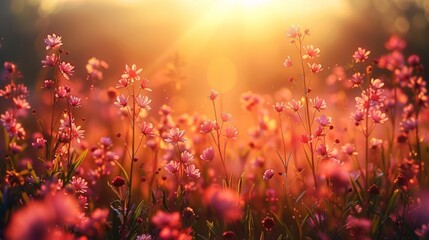 Vibrant Wildflowers Dancing in Sunlit Meadow on Warm Summer Evening Generative AI - obrazy, fototapety, plakaty