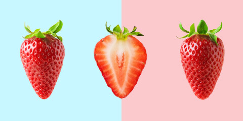 Different strawberries on bright background. Minimal food concept.