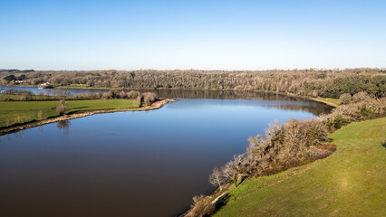 Fototapeta na wymiar Lac du Jaunay aerial view by drone at Chapelle-Hermier, France