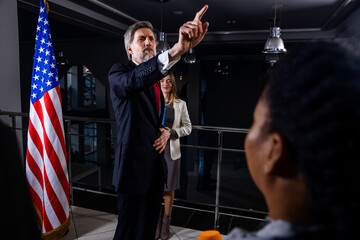 New President of the United States comes to journalists and media, poses for cameras after election...