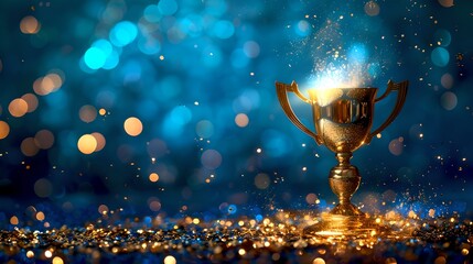 Glimmering Trophy Celebrating Success and Achievement on Sparkling Blue Background. Perfect for Awards, Competitions, and Acknowledgements. High-Quality Image. AI - obrazy, fototapety, plakaty