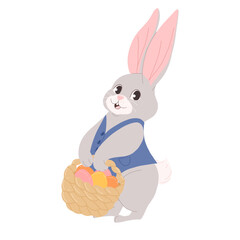 Cute Easter bunny with a basket full of eggs. Cartoon hand drawn style. Isolated holiday design element. White background.