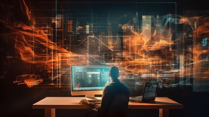 Multi exposure of desktop with computer on background and tech theme drawing. Concept of big data.