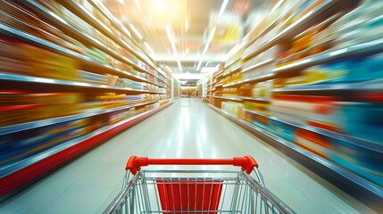 Shopping cart speeds through supermarket aisles, motion blur captures the rush. Dynamic retail shopping spree. Vibrant consumerism scene. AI