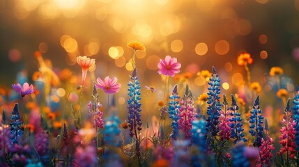 Vibrant Summer Meadow with Sunrays and Bokeh Lights Generative AI - obrazy, fototapety, plakaty