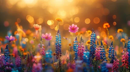 Foto op Canvas Vibrant Summer Meadow with Sunrays and Bokeh Lights Generative AI © Alexander