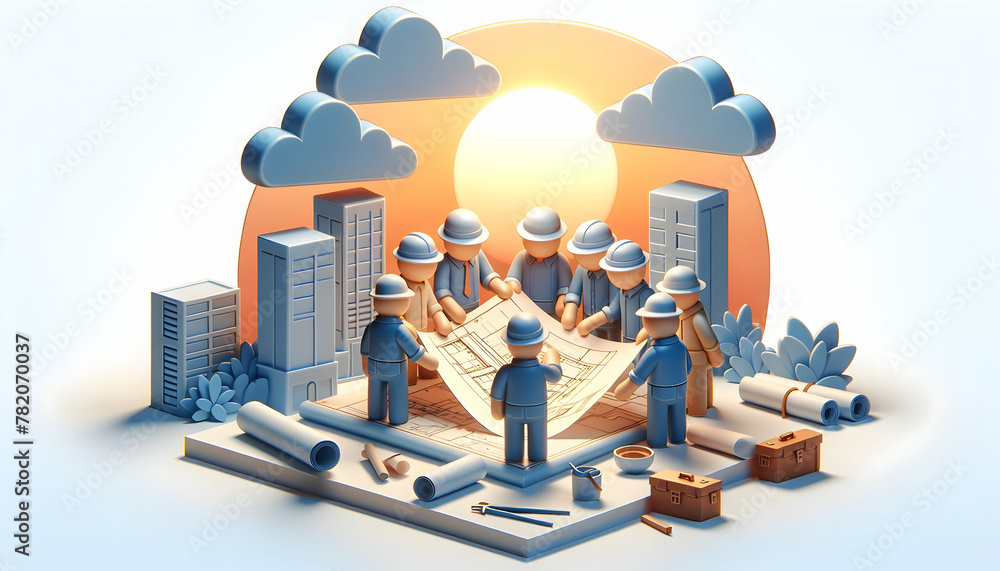 Poster 3d icon: blueprint consultation - team huddle planning the day's work at dawn in candid daily enviro