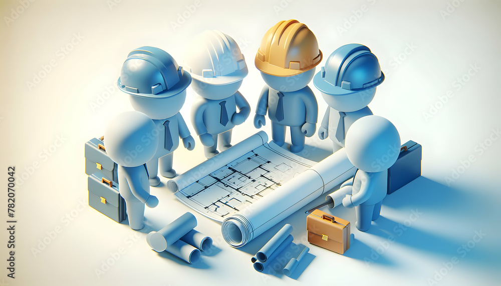 Poster 3d icon: blueprint consultation - a group huddle over blueprints at dawn planning the day's work in 