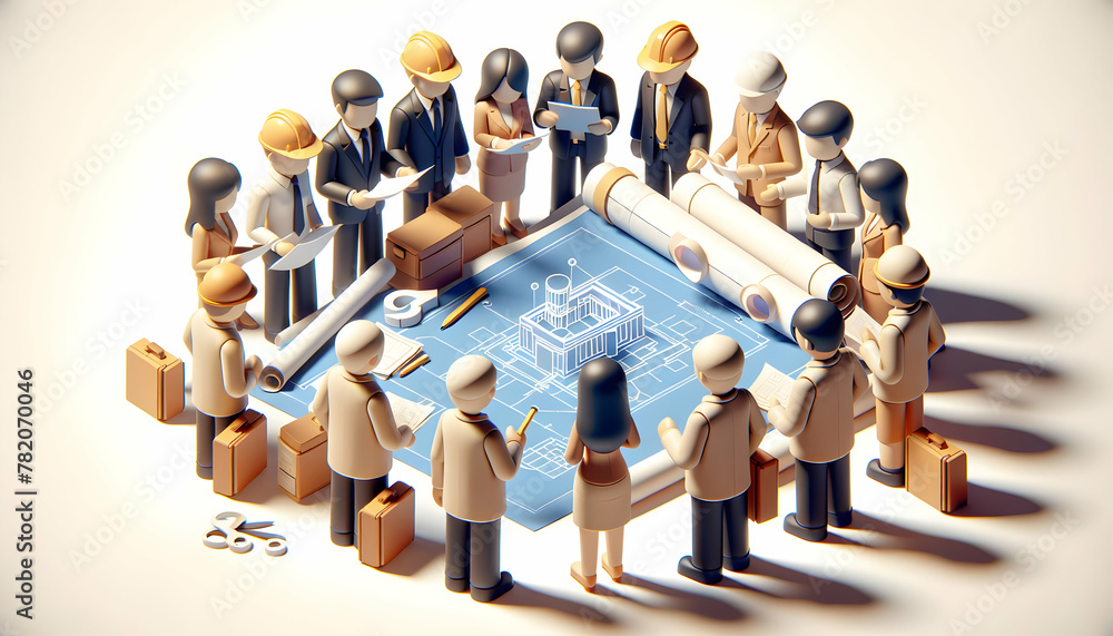Poster 3d icon: blueprint consultation - a group huddle over blueprints at dawn planning the day's work in 