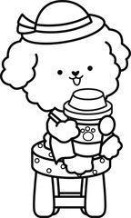 a vector of a brown poodle with a cup of coffee in black and white coloring