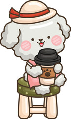 a vector of white poodles with a cup of coffee
