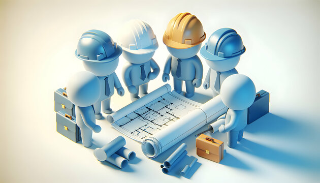 3D Icon: Blueprint Consultation - A Group Huddle Over Blueprints at Dawn Planning the Day's Work in a Candid Daily Environment and Routine of Work Theme with Isolated White Background