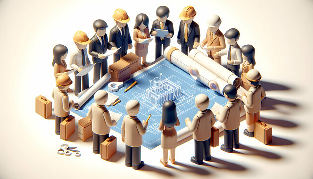3D Icon: Blueprint Consultation - A Group Huddle Over Blueprints at Dawn Planning the Day's Work in a Candid Daily Environment and Routine of Work - Isolated White Background