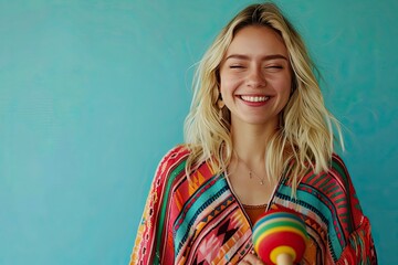 Beautiful caucasian blonde woman wearing festive mexican poncho and maracas winking looking at the camera with sexy expression, cheerful and happy face with copy space with generative ai - obrazy, fototapety, plakaty