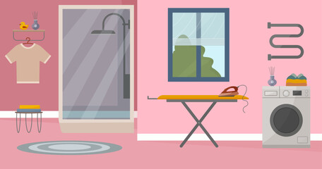 Fototapeta premium Bathroom interior, modern bathroom with shower, washing machine, ironing board and window. Vector illustration in flat style. Interior concept. Home and interior decor.