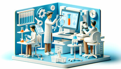 3D Icon: Lab Analysis Depicting Technicians Examining Samples with Advanced Equipment in a candid daily work setting, Isolated on White Background