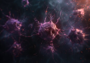 This image captures the intricate web of neural cells in a dark biological landscape, highlighting the complexity of the nervous system. - obrazy, fototapety, plakaty