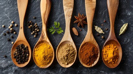 Assortment of spices in wooden spoons on a dark slate background. Culinary arts and flavoring ingredients. Top view of kitchen essentials for cooking. Vibrant colors and textures. AI - obrazy, fototapety, plakaty