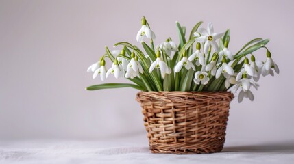 Basket holding snowdrop flowers on table, adding beauty to room decor