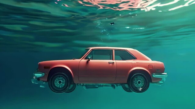 Red car plunges under water. Unsafe driving and vehicle drowning.