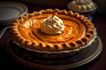 Freshly baked pumpkin pie lies on the table. Cozy rustic style, homemade cakes.
