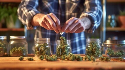 Obraz premium Hands working on dried cannabis buds on table for entertainment usage