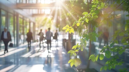 Blurred background of people walking in modern office building with green trees and sunlight
