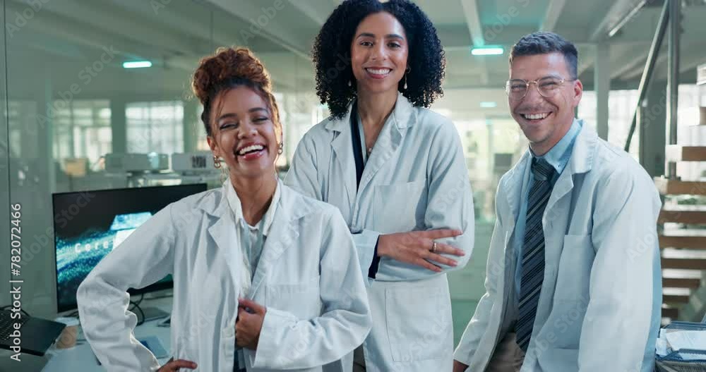 Wall mural Science, laboratory and portrait of group of people with smile, confidence and collaboration. Healthcare, future and team in medical research for innovation, support and coworking for lab internship